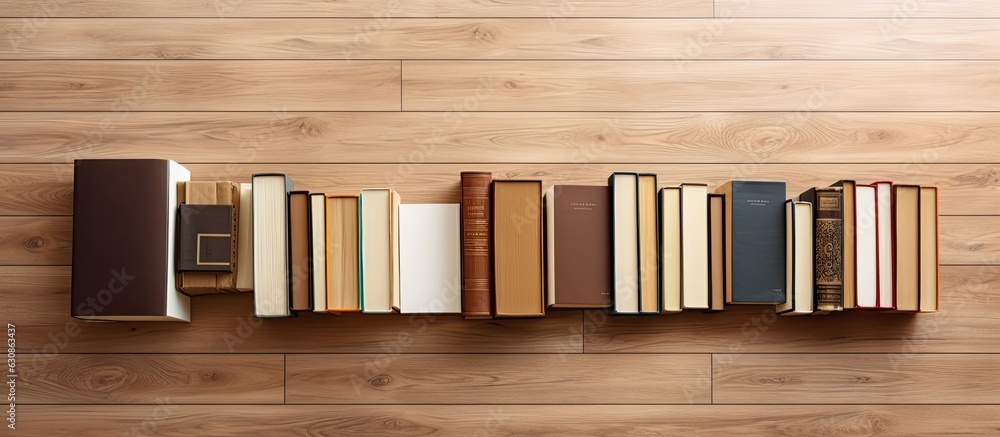 Poster different books are arranged on a wooden floor, with a brown wood parquet background. empty space av