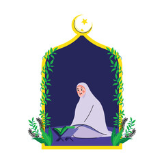 woman sitting and praying at night flat illustration

