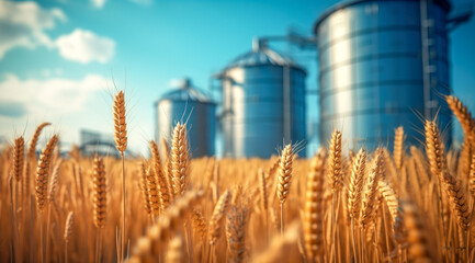 Silos in a wheat field. Storage of agricultural production. digital ai - obrazy, fototapety, plakaty