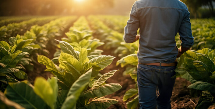 A male agronomist farmer in a tobacco field at sunset.  Young farmers and tobacco, digital ai