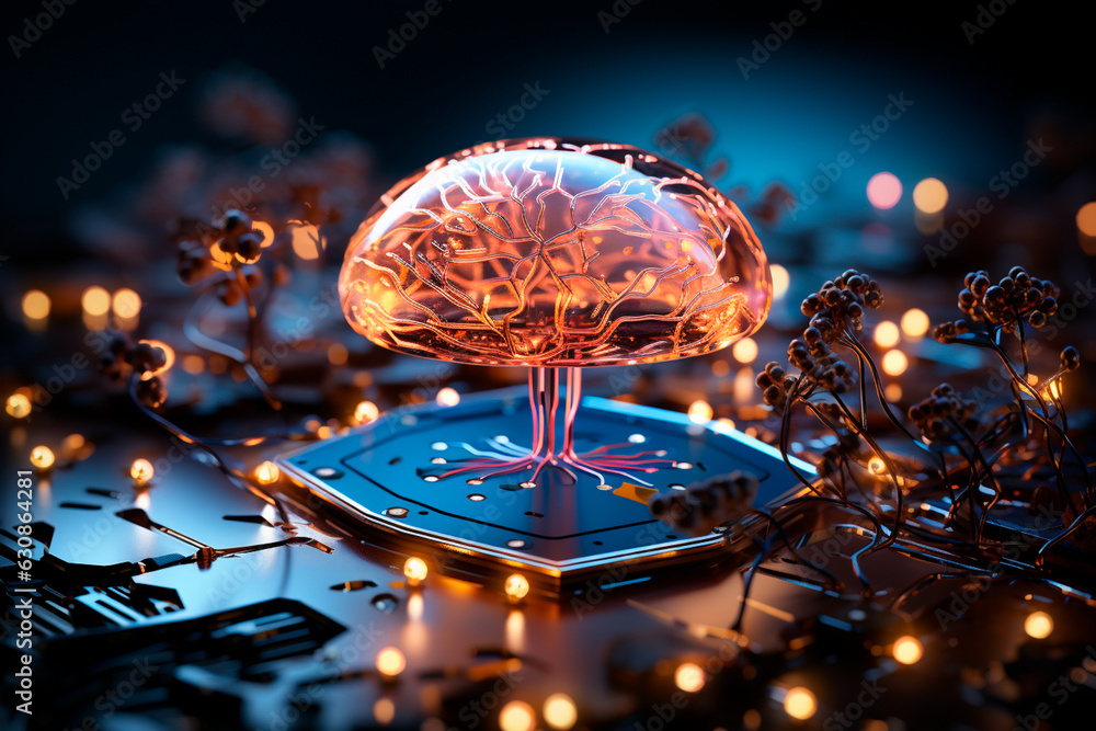 Poster brain with microcircuit inside. high quality technology,generative ai