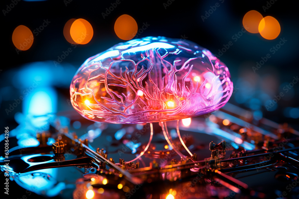 Poster brain with microcircuit inside. high quality technology,generative ai
