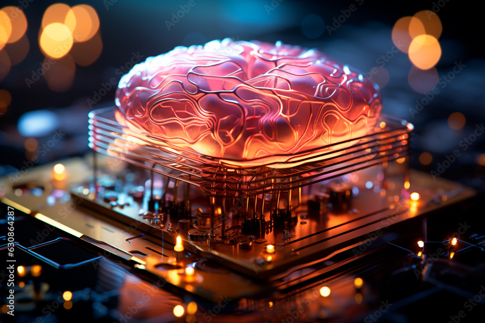 Poster brain with microcircuit inside. high quality technology,generative ai