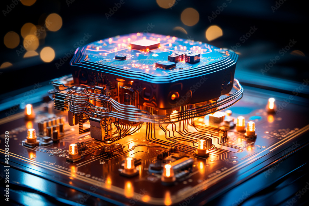 Poster brain with microcircuit inside. high quality technology,ears of wheat