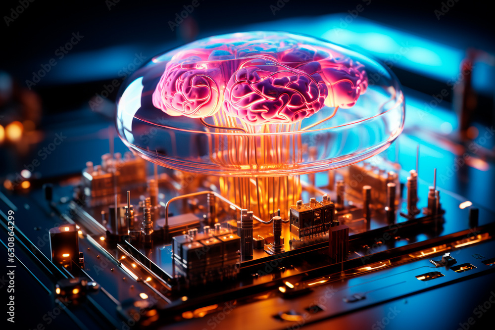 Poster brain with microcircuit inside. high quality technology,ears of wheat