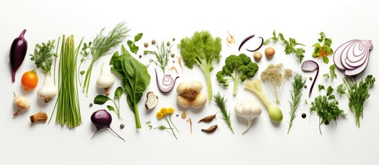 A collection of fresh vegetables and herbs is seen from above, isolated on a white background.