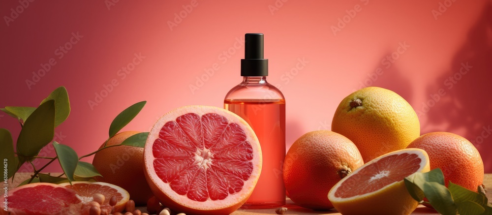 Poster a composition featuring a bottle of essential oil and grapefruits against a colorful background.