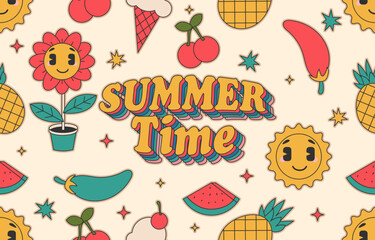 Vector of Seamless Pattern  Summer groovy 70s with hippie style
