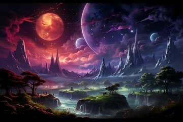 landscape with mountain range moon and stars