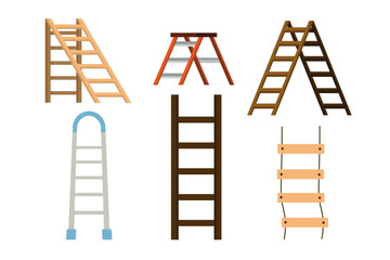 Vector illustration of a set of different types of ladders in cartoon style. Suspension, sports and other multi-colored ladders isolated on a white background. Climb up with stairs.