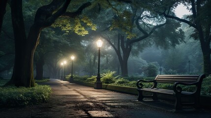 Bench in the park made with Ai generative technology, Property is fictional