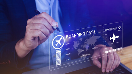 Businessman touching with boarding pass tickets air travel concept, Choosing checking electronic...