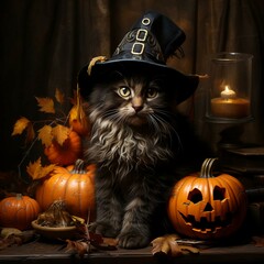 halloween cat with pumpkin