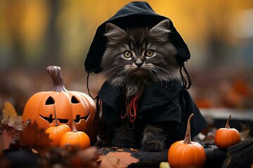 Cute cat in dark clothes, surrounded by pumpkins, halloween concept.
