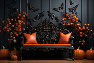Halloween style room interior with pumpkins, bats, sofa, orange pillows.