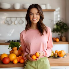 A nutritionist woman in the kitchen with fruit.