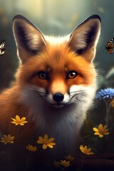 Red fox in a field surrounded by flowers.
