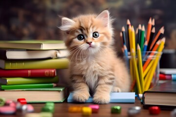 A cute kitty sits on a table with books and school supplies. The concept of education, back to school.
