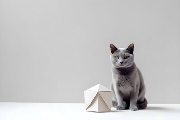 Gray cat on a light background. Empty space for text.