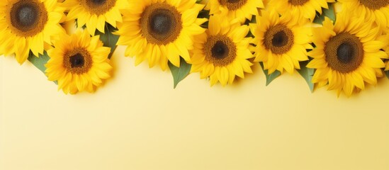 Sunflower background with empty area. Sunflowers in yellow color. Lovely and newly picked sunflowers. Laid flat, seen from above with an open space available. Suitable for autumn or summer themes.