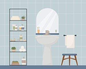 bathroom interior, furniture and plumbing, sink, shampoo, towel, candle, lotion, toothbrush, toothpaste, mirror, flat style, modern vector illustration