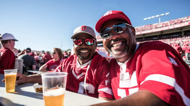 At a tailgating party, a group of people enjoy pre-game festivities.
