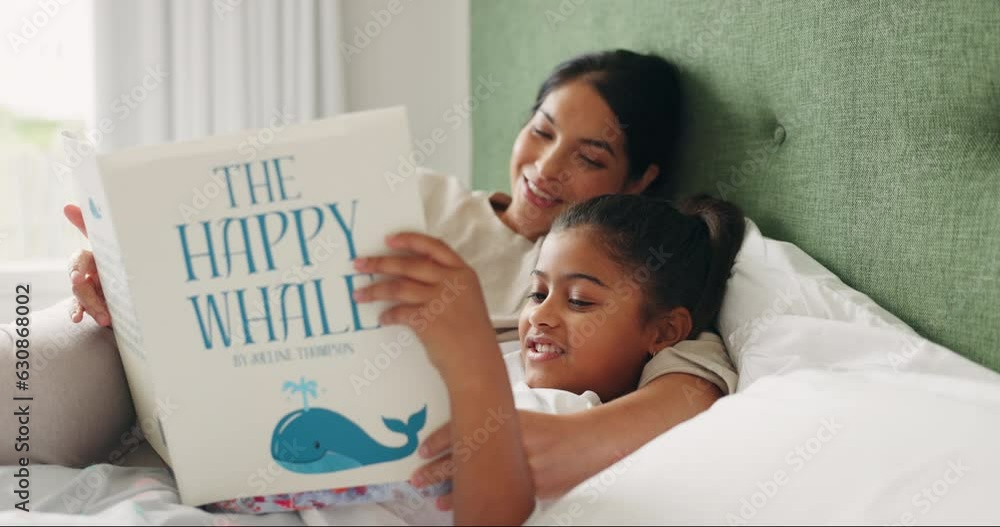 Sticker bedroom, girl and mother reading book, smile and home with happiness, fantasy and relax with child d