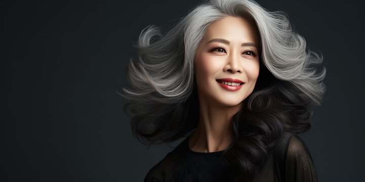 Gray-haired Asian woman on a dark background close-up. Generative AI