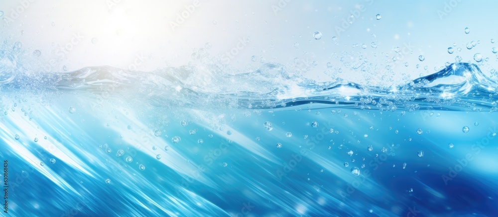 Poster A summer banner background with a texture of transparent blue water waves, featuring splashes and bubbles. The waves are illuminated by sunlight, creating a vibrant and refreshing image. copy space