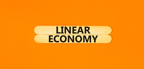 Linear economy symbol. Concept words Linear economy on beautiful wooden stick. Beautiful orange...