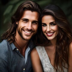 candid portrait of an attractive white Caucasian man and woman couple smiling. 25 years old.