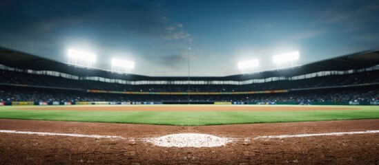 showcases a baseball field at a brightly lit outdoor stadium. The foreground is the main focus, with a shallow depth of field. The background features a blurry view, providing copy space
