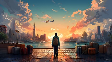 Illustration, drawing of a trip around the world with suitcases, nice weather and looking forward to the vacation trip - obrazy, fototapety, plakaty