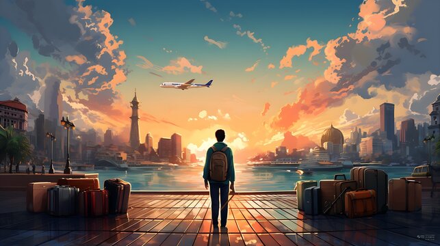 Illustration, Drawing Of A Trip Around The World With Suitcases, Nice Weather And Looking Forward To The Vacation Trip | Generative AI