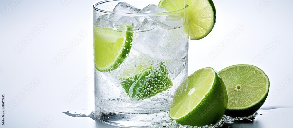 Poster A picture of a glass of gin and tonic with ice and lime is shown on a white background with empty space for text.