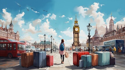 Illustration, drawing of a trip around the world with suitcases, nice weather and looking forward to the vacation trip | Generative AI