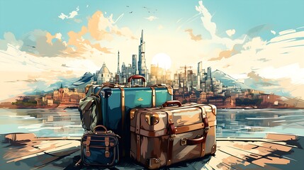 Illustration, drawing of a trip around the world with suitcases, nice weather and looking forward to the vacation trip | Generative AI