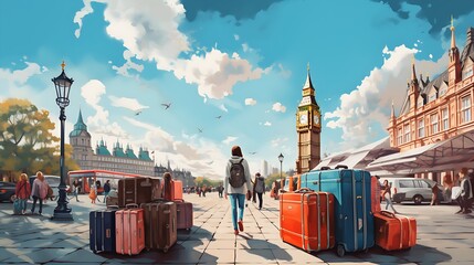Illustration, drawing of a trip around the world with suitcases, nice weather and looking forward to the vacation trip | Generative AI