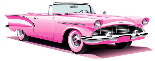 Illustration of a pink classic convertible car. Pink car on the background. Generative AI. - obrazy, fototapety, plakaty