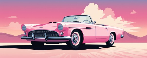 Illustration of a pink classic convertible car. Pink car on the background. Generative AI.