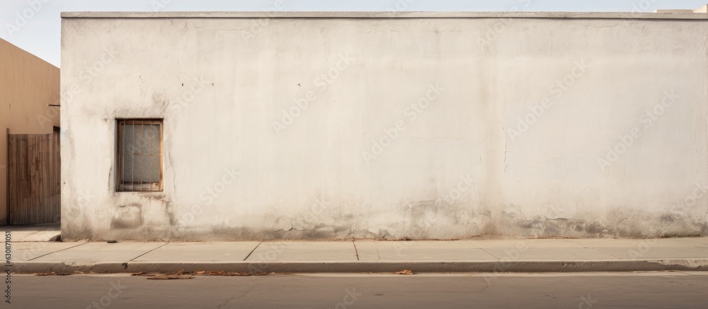Poster a pale, aged wall encloses a white building situated behind it. in front, sidewalk and an asphalt ro