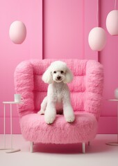 Bedlington terrier in pink interior, white small curly dog. Generative AI.