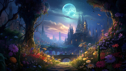 Fototapeta na wymiar A vibrant, whimsical digital painting of a magical garden filled with healing herbs, an ethereal glow illuminating the scene under the moonlight, a fairy - like representation of natural remedies