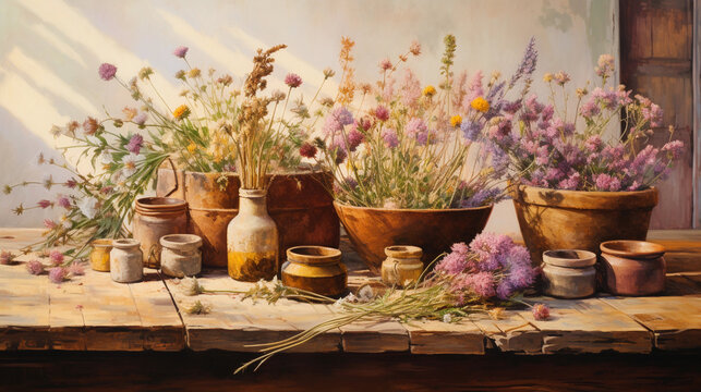 A vibrant, still - life painting of a collection of healing herbs including lavender, chamomile, and mint, organized in rustic wooden bowls, set on an aged farmhouse table, gentle warm sunlight castin