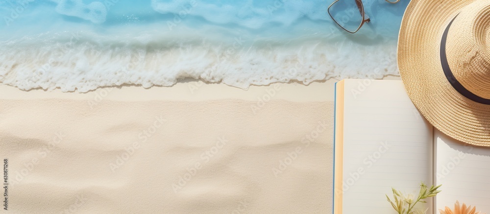 Poster a flat lay photograph of a blank writing book with summer beach accessories in the background. copy 