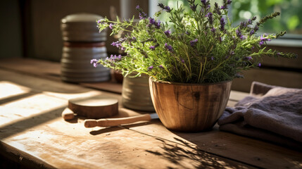 a rustic wooden table, scattered with fresh herbs like rosemary, mint, and lavender, mortar and pestle in the background, warm sunlight streaming in from a nearby window
