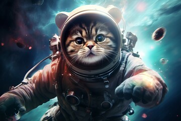 a cat wearing an astronaut suit and helm floating in the colorful space universe, nebula behind....