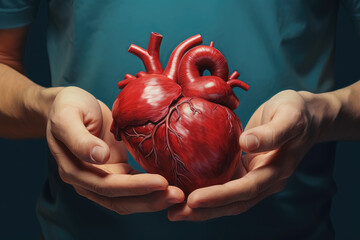 Hands doctor holds human organ heart on blue background. Concept world health day and national organ donor day. 