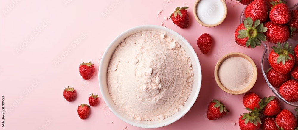 Aufkleber flatlay composition of ingredients and utensils for creating a homemade strawberry pie, featuring dough preparation on a pink background with available space for text.