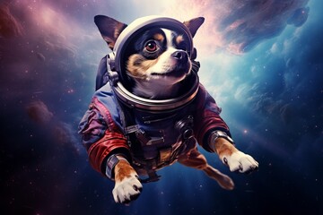 a dog wearing an astronaut suit and helm floating in the colorful space universe, nebula behind....